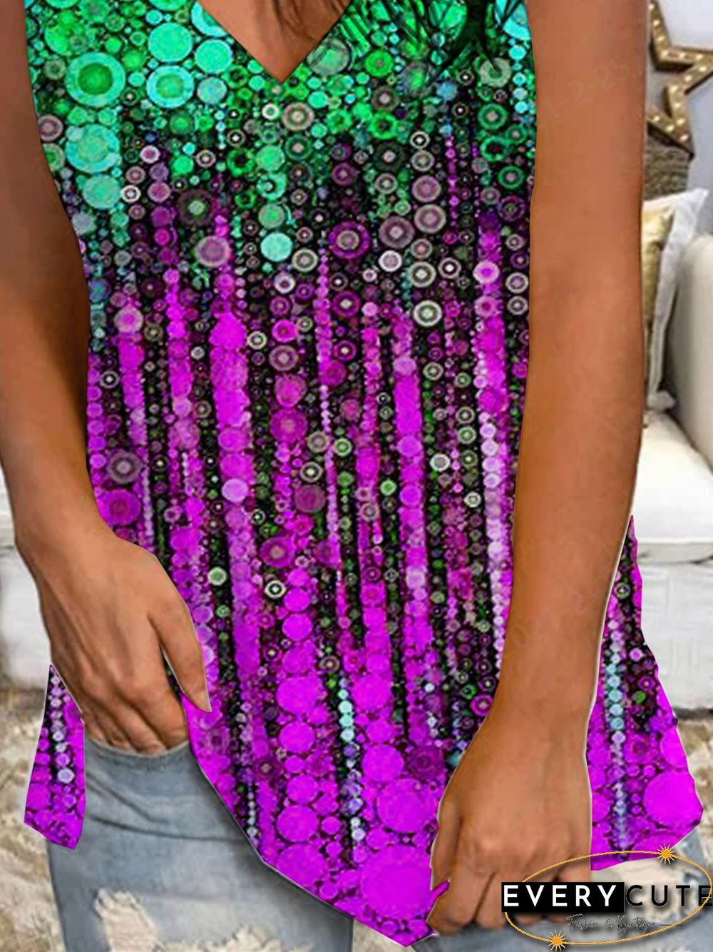 Ombre/Tie-Dye Sleeveless Printed Cotton-blend V neck Casual Summer Purple Top