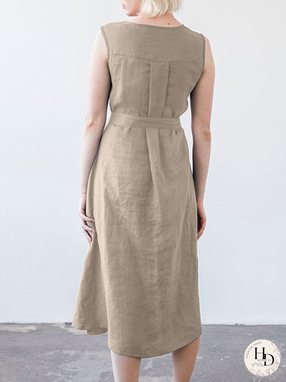 Solid Sleeveless Pocket Crew Neck Dress with Belt