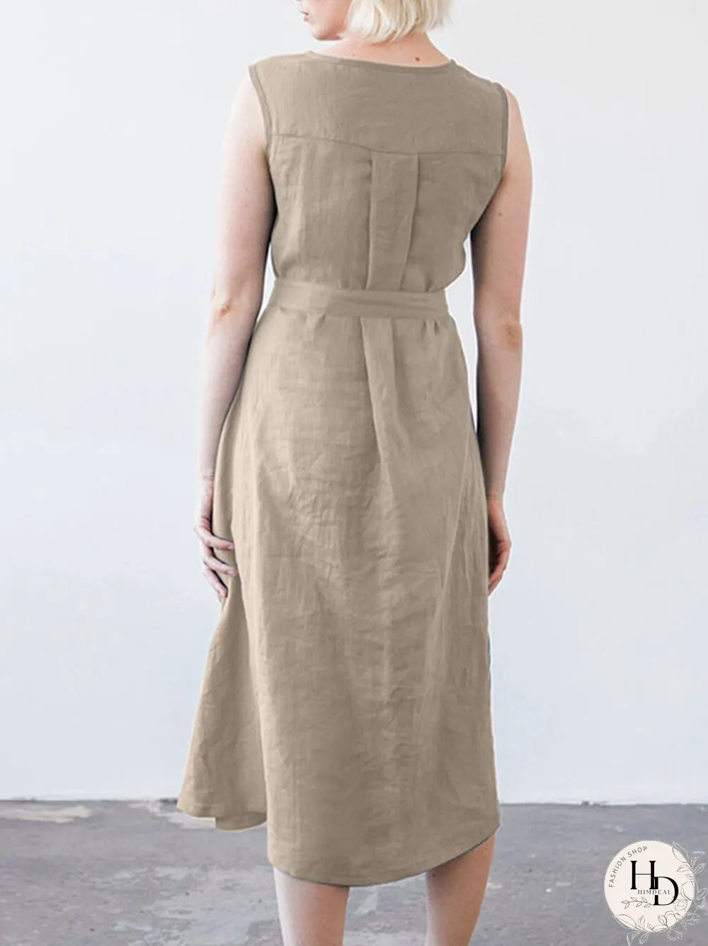 Solid Sleeveless Pocket Crew Neck Dress with Belt