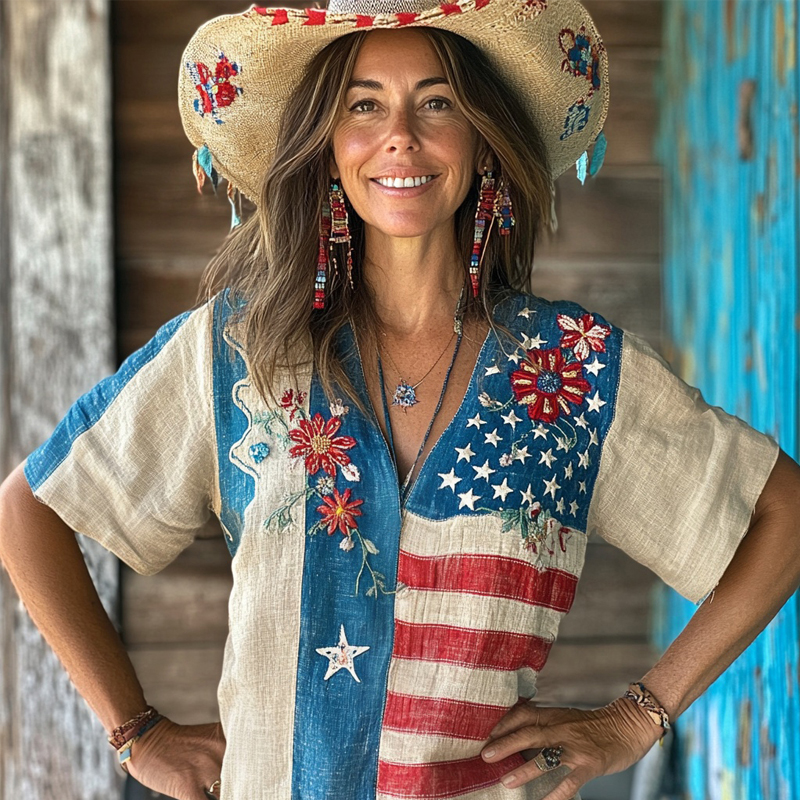 Comstylish American Flag & Flowers Patchwork Comfy Linen Shirt