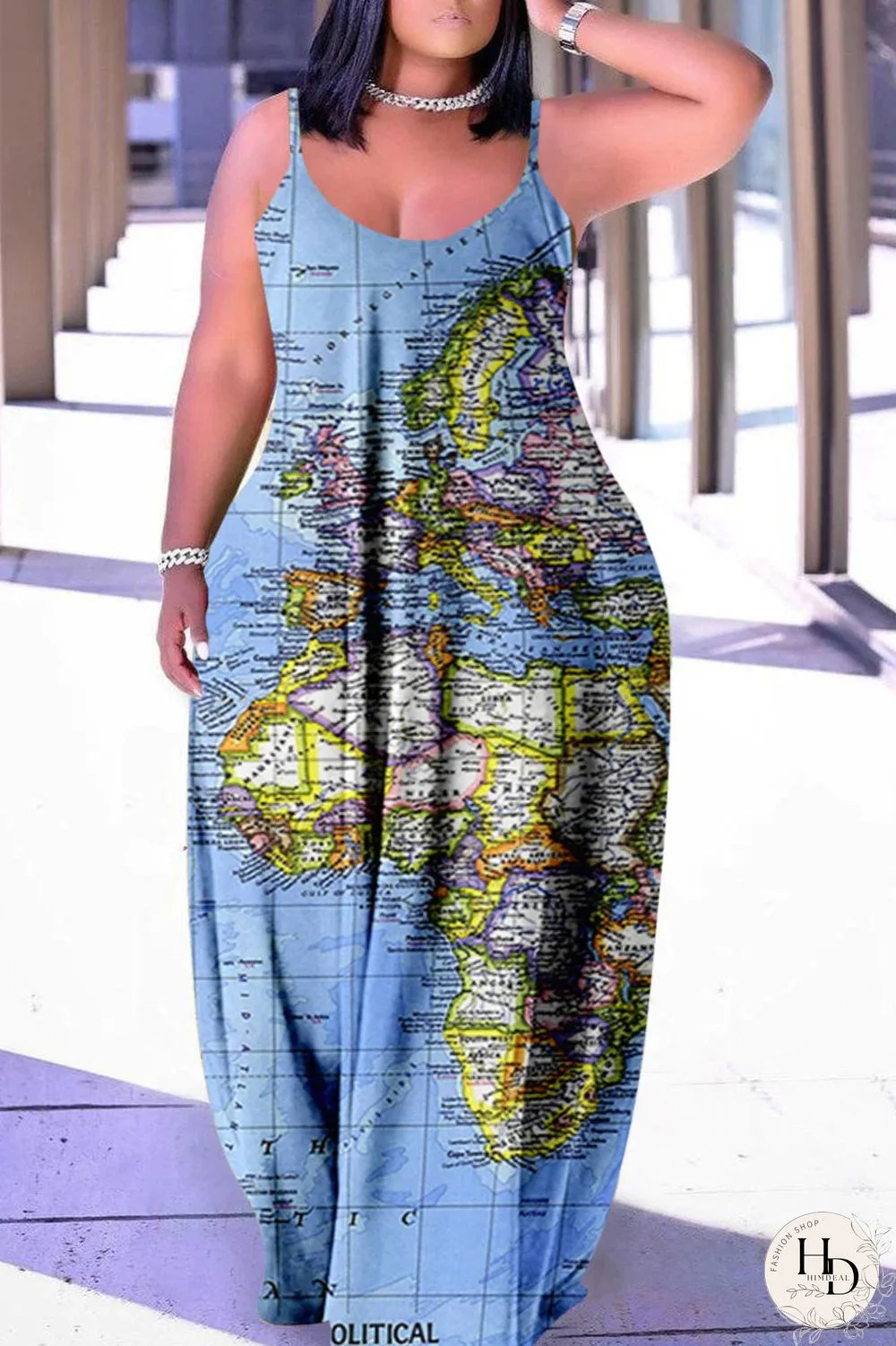 Lake Blue Fashion Sexy Plus Size Casual Print Backless Spaghetti Strap Long Dress
