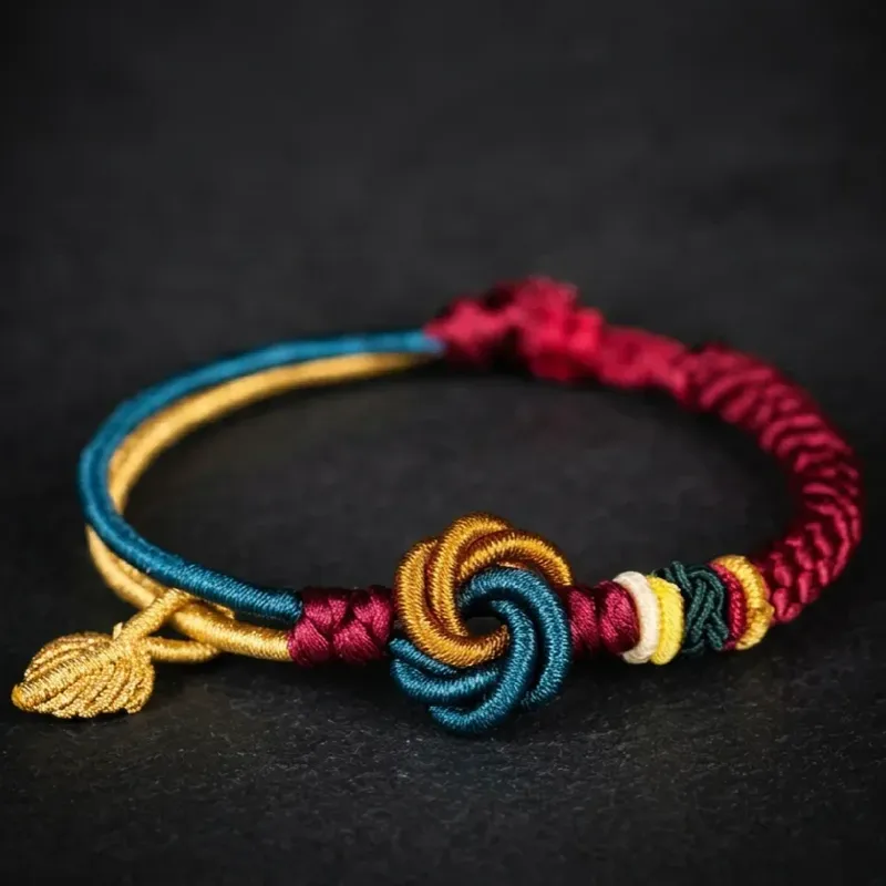 JiStones Mandala Eternal Knot Bracelet | Hand-Woven Sacred Silk Cord Mandala Knot - Imperial Red & Teal