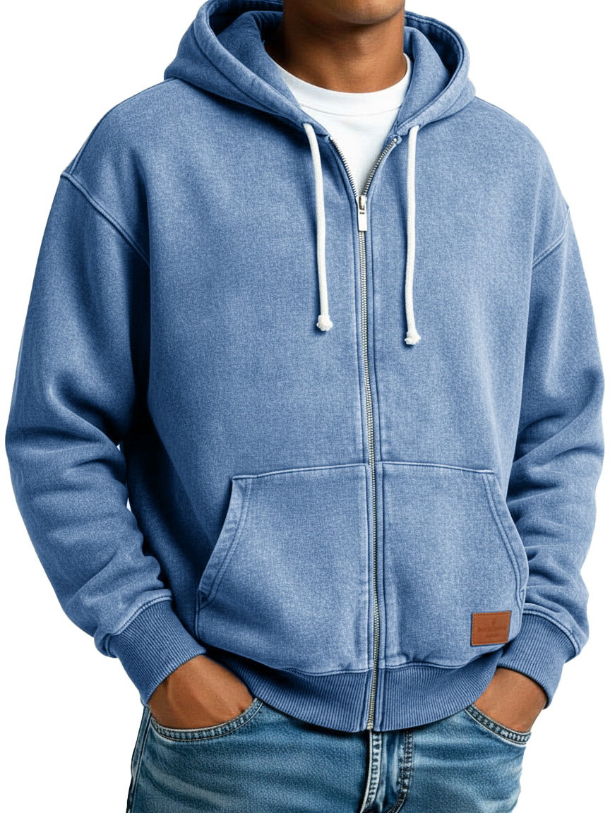 Men's Clothing Fashion Retro Vintage Embroidery Logo Leather Card Long-sleeved Cardigan Pocket Hoodie