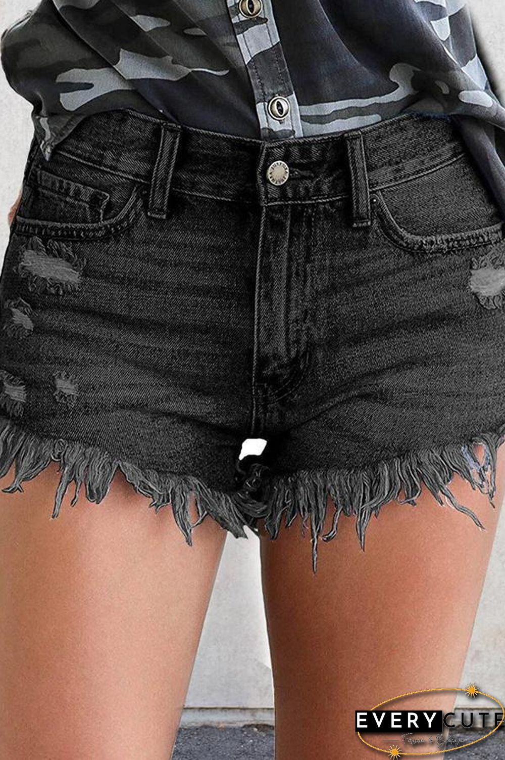 Ripped Fringed Stretch Denim Shorts P14394