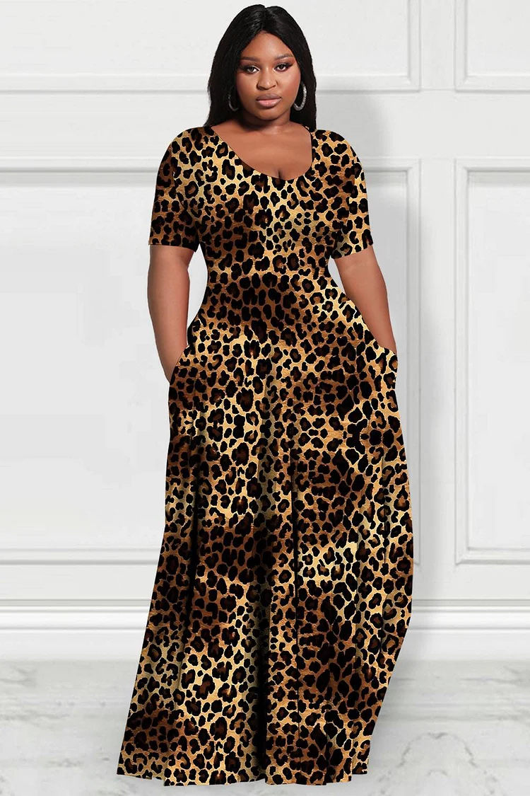 Xpluswear Design Plus Size Daily Brown Leopard Round Neck Short Sleeve Pocket Casual Maxi Dresses 2024 - Xpluswear