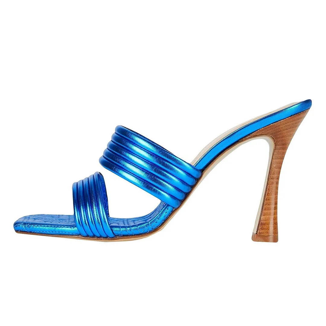 Metallic Blue Square Toe High Heel Double Strap Slip On Summer Sandals