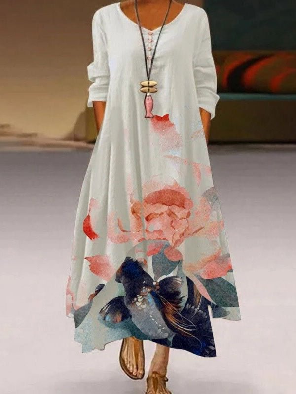 Women Long Sleeve Scoop Neck Graphic Maxi Dress