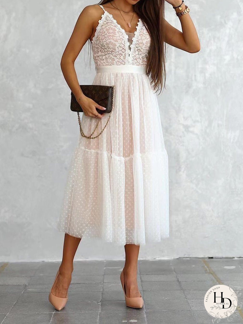 Dresses Sling V-Neck Polka Dot Lace Mesh Dress for Women