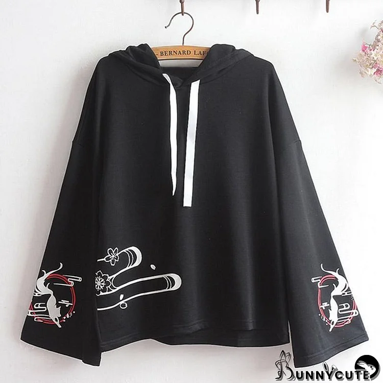 Fox Print Loose Sleeve Hoodie