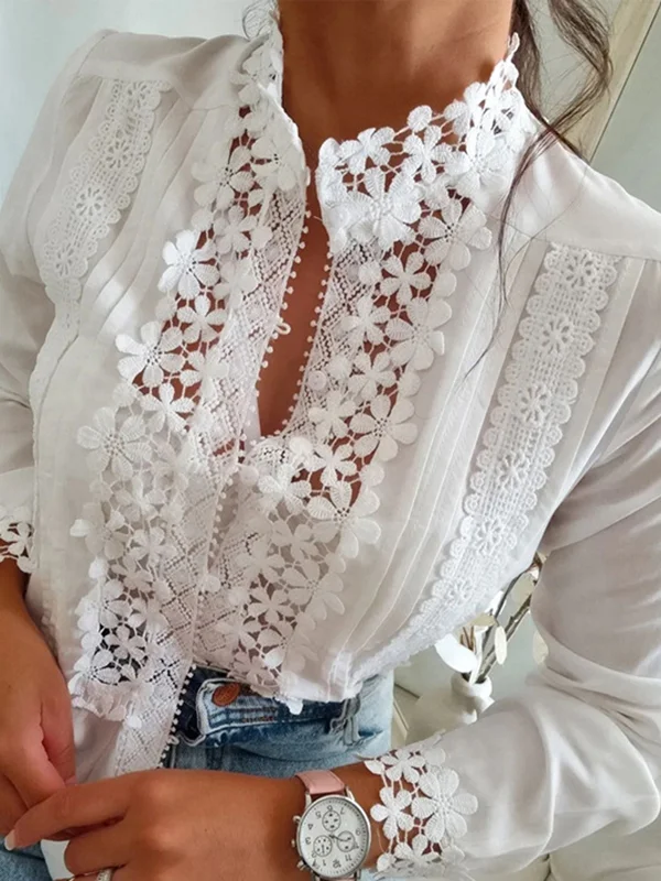 Long Sleeves Loose Buttoned Embroidered Solid Color Split-Joint Stand Collar Blouses&Shirts Tops