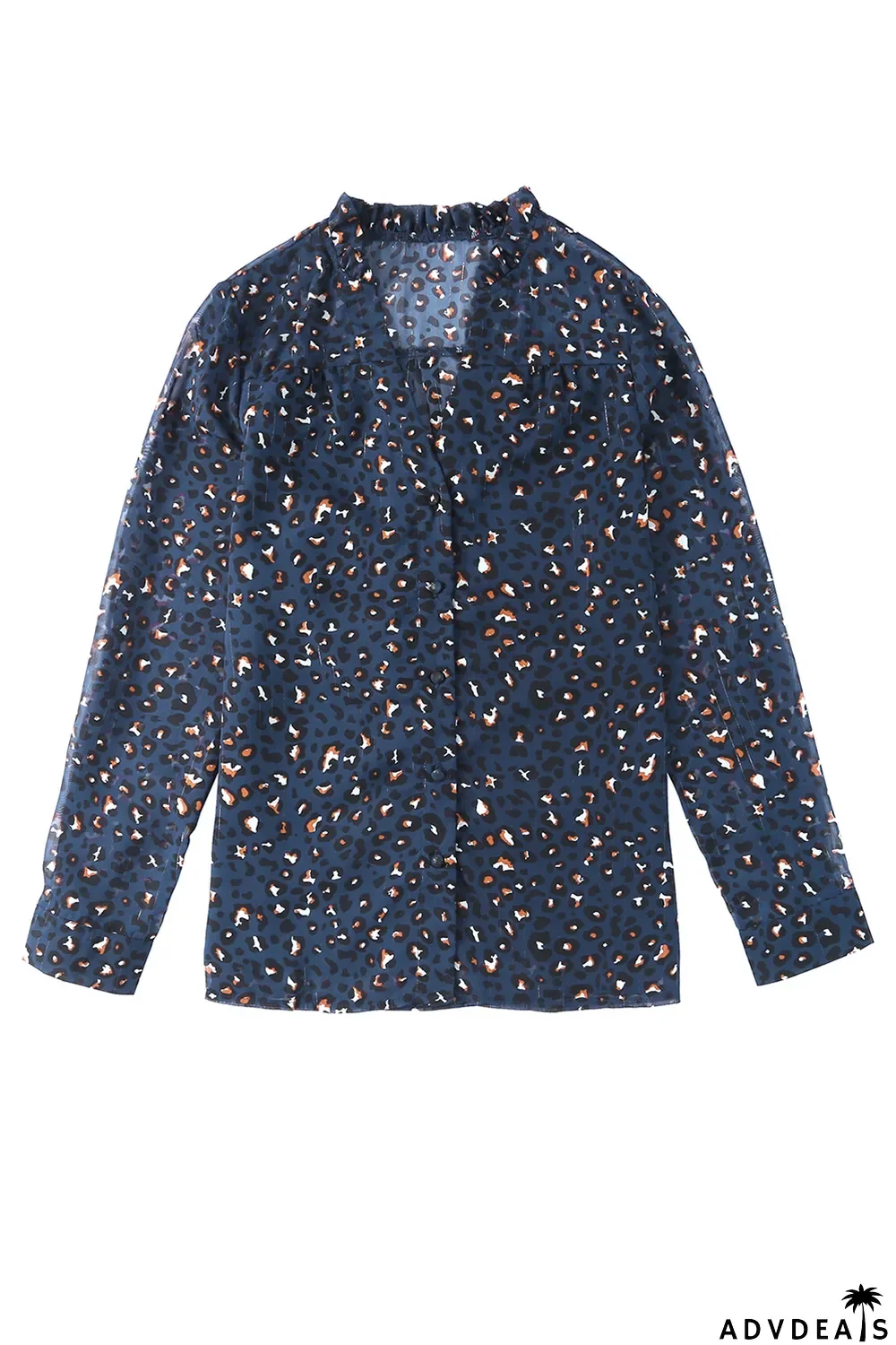 Blue Leopard Sheer Button Front Long Sleeve Shirt