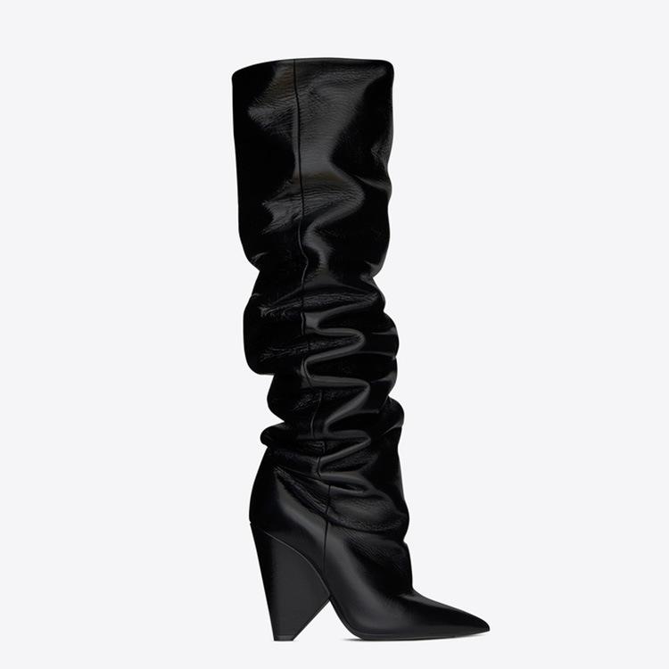 VCSHOES Pleated Long Tube Shaped Heel Pointed Boots