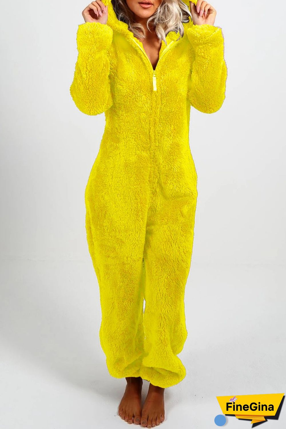 Yellow Casual Living Solid Patchwork Hooded Collar Regular Jumpsuits