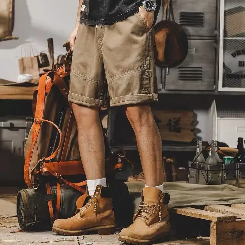 Thingsroom Vintage Cargo Shorts – Big Size Oversize Men’s Summer Shorts with Pockets, Solid Comfortable Casual Wide Leg Style  