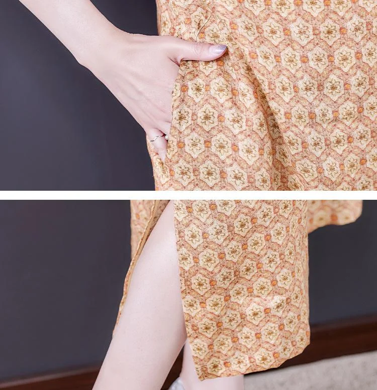 Women's new printed retro short-sleeved cheongsam linen long dress