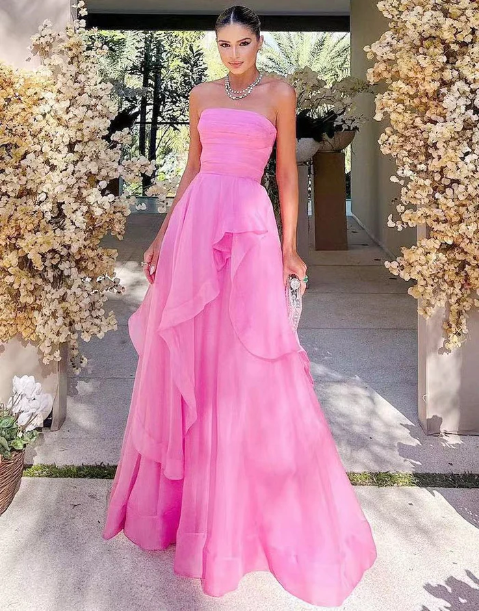 Pink Straight Across Halter Neck A Line Tulle Prom Dress with Ruffle YU0030