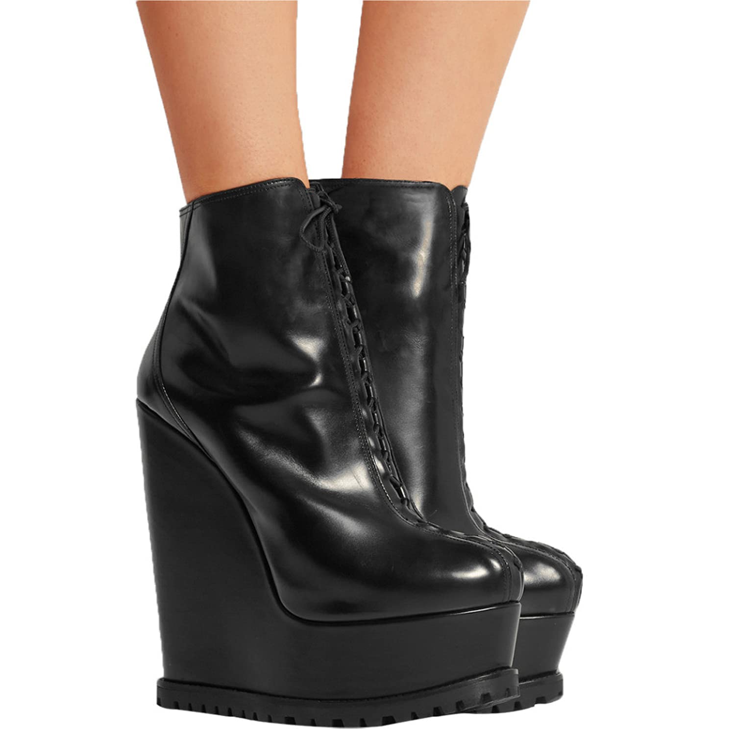 Black Vegan Leather Round Toe Platform Wedge Heel Lace-Up Ankle Boots