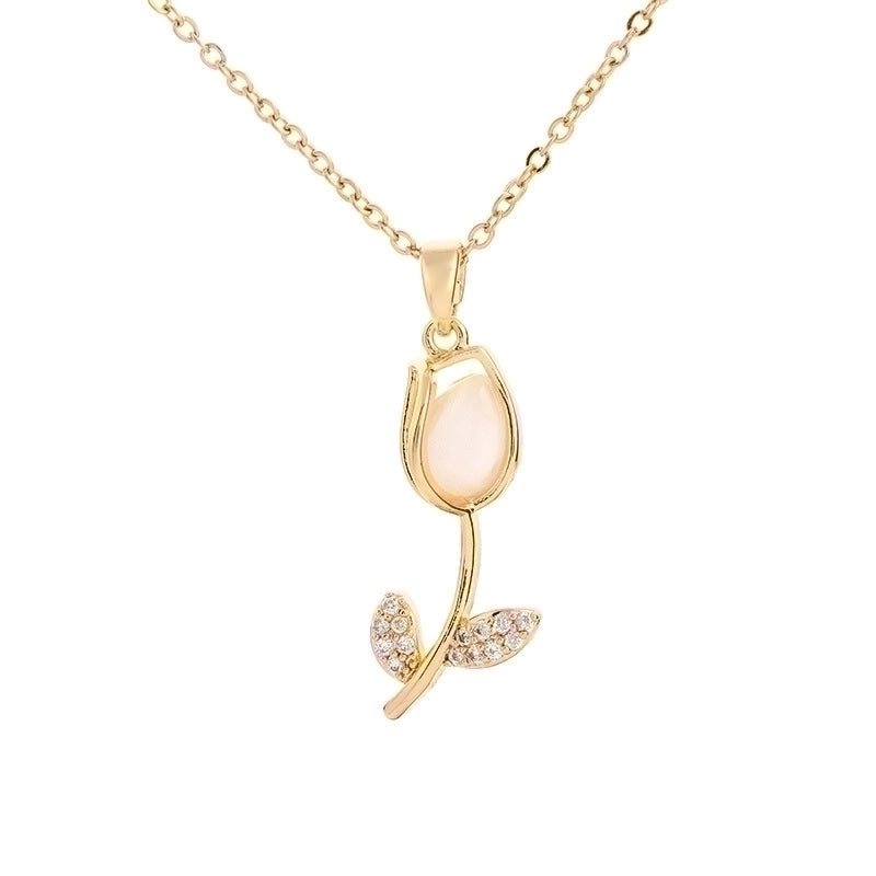 Casual Minimalist Tulip Titanium Steel Inlay Opal Zircon Pendant Necklace