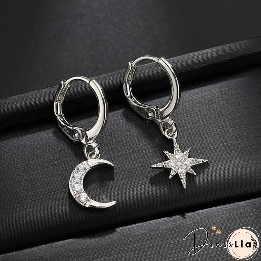 New 925 Silver Personality Asymmetric Star Moon Earrings Female Zircon Earrings Jewelry