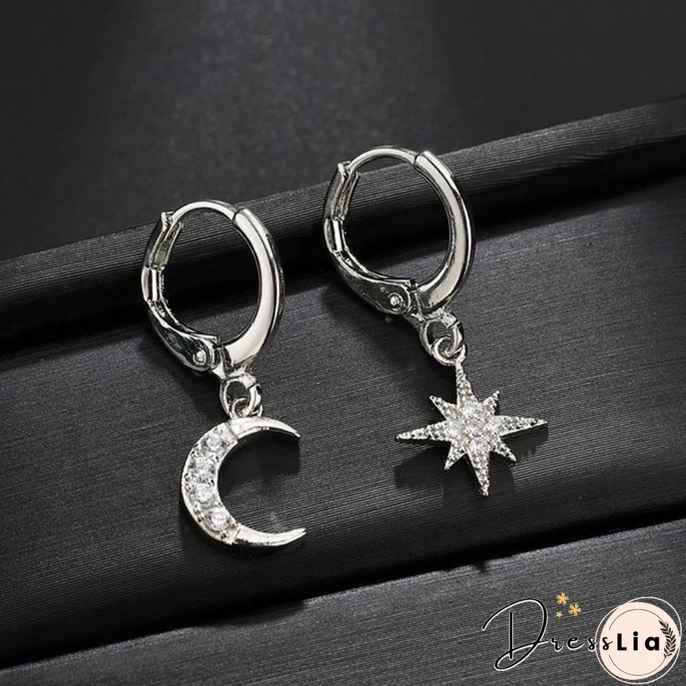 New 925 Silver Personality Asymmetric Star Moon Earrings Female Zircon Earrings Jewelry
