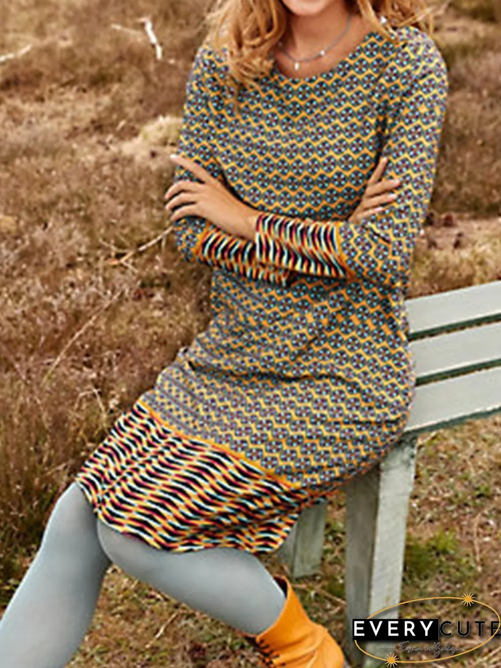 Vintage Floral Autumn Daily Jersey Midi Long sleeve T-Shirt Dress A-Line Dresses for Women