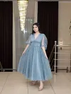 Blue Sparkling Tulle Puff Lantern Sleeve Tea Length Dress Fairycore Ball Gown Formal Robe A Line Corset Bodice Deep V Neck Pocketed Dresses