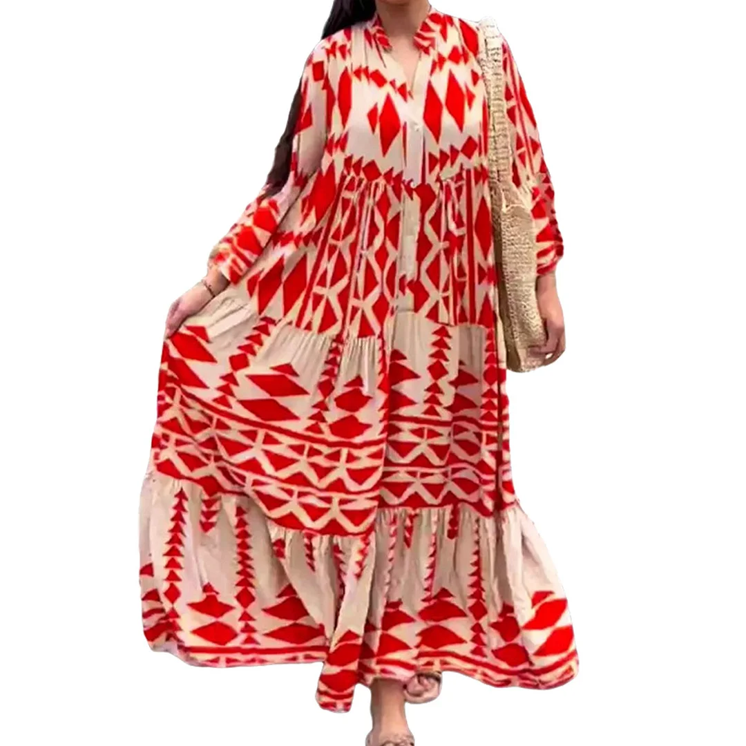 Nigikala Nigikala Large-Size Women's New Temperament Printed Shirt Dress Bohemian Dress