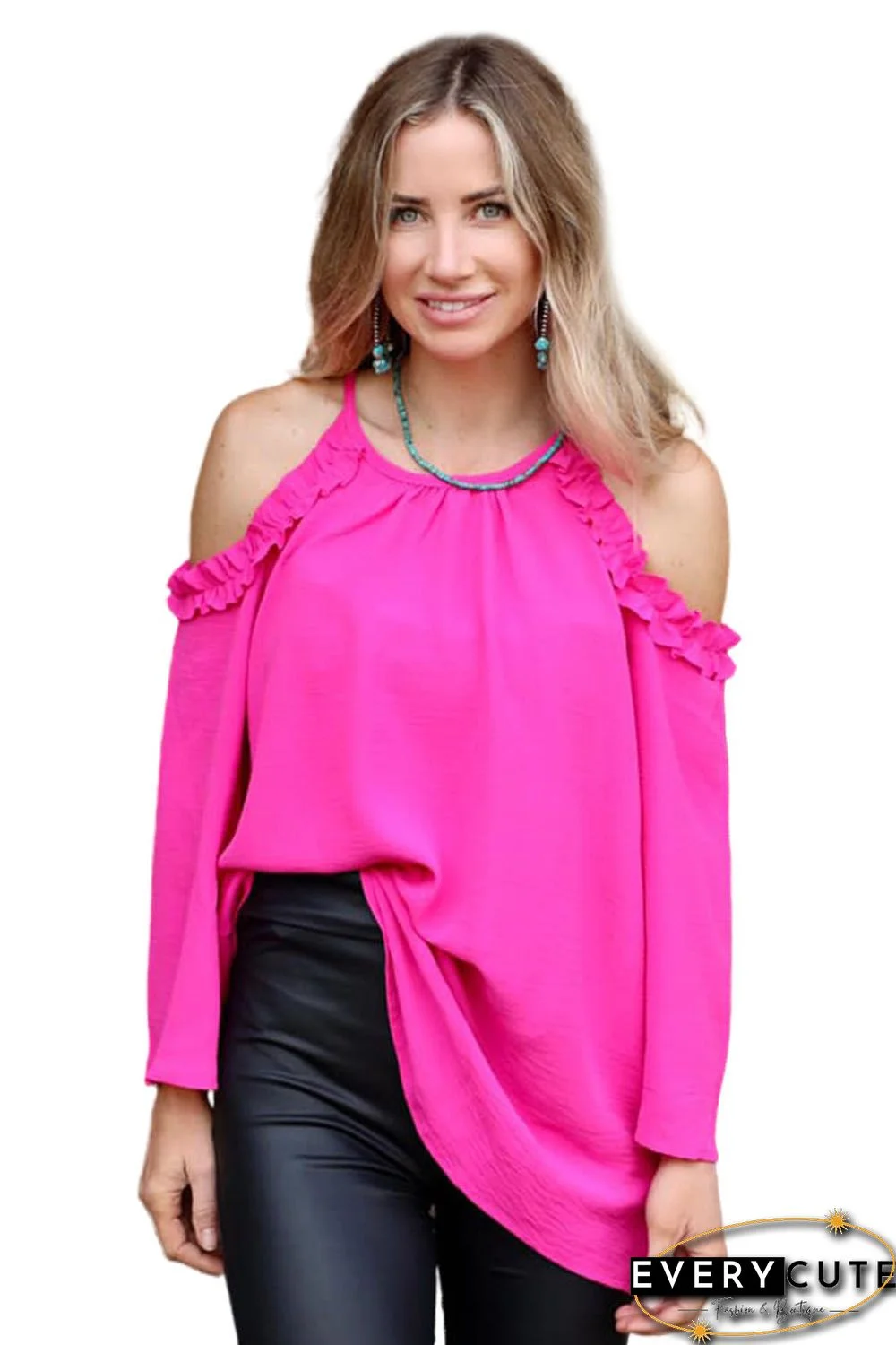 Rose Ruffled Cold Shoulder Long Sleeve Top