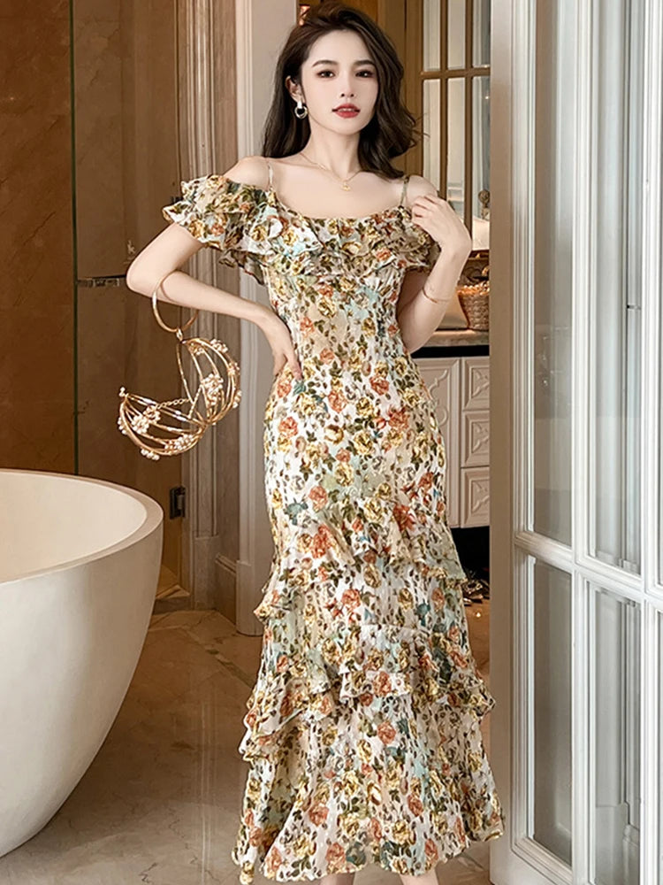 Llyge Summer Floral Boho Long Evening Dress Women Ladies Clothing Elegant Sexy Off-Shoulder Slim Midi Party Beach Robe Mujer Vestidos llyge
