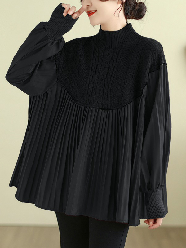 Loose Knitted Patchwork Pleated Shirt