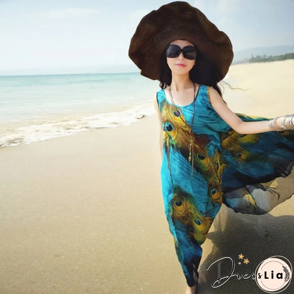 Women Maxi Evening Party Dress Summer Boho Long Beach Chiffon Peacock Dress M-XXL