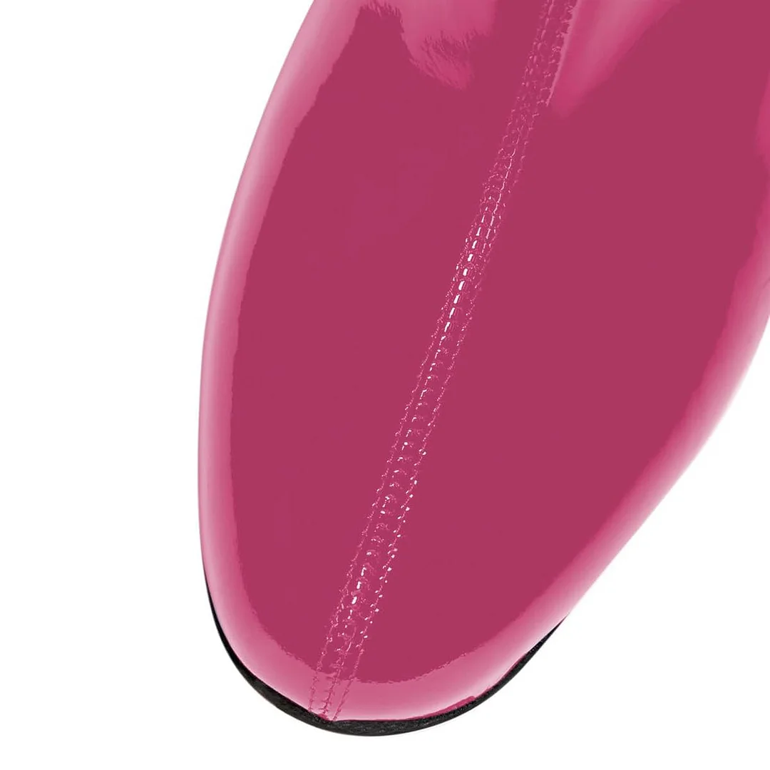 Fuchsia Patent Round Toe Zipper Rhinestone Block Heeled Ankle Boots