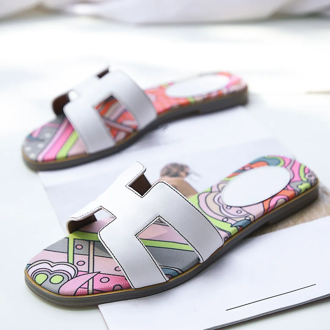 H-shape Leather Slipper White Painted Flats-vocosishoes