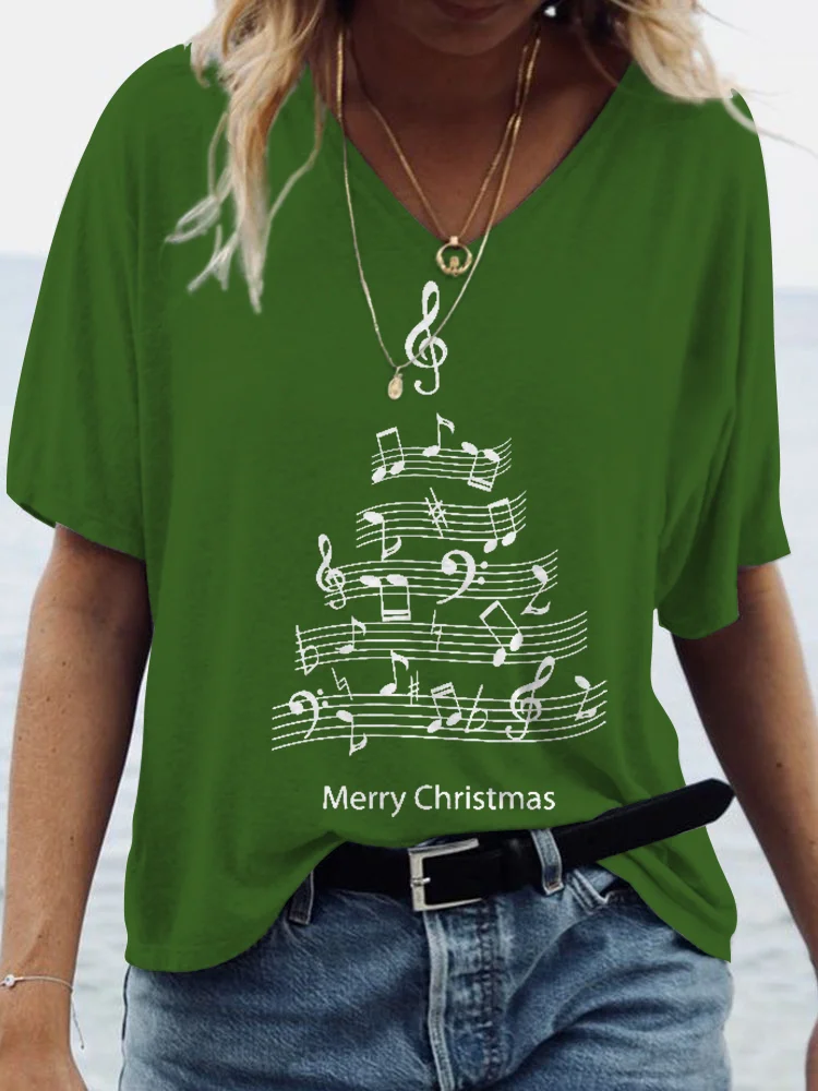 Music Note Christmas Tree Print V Neck T Shirt