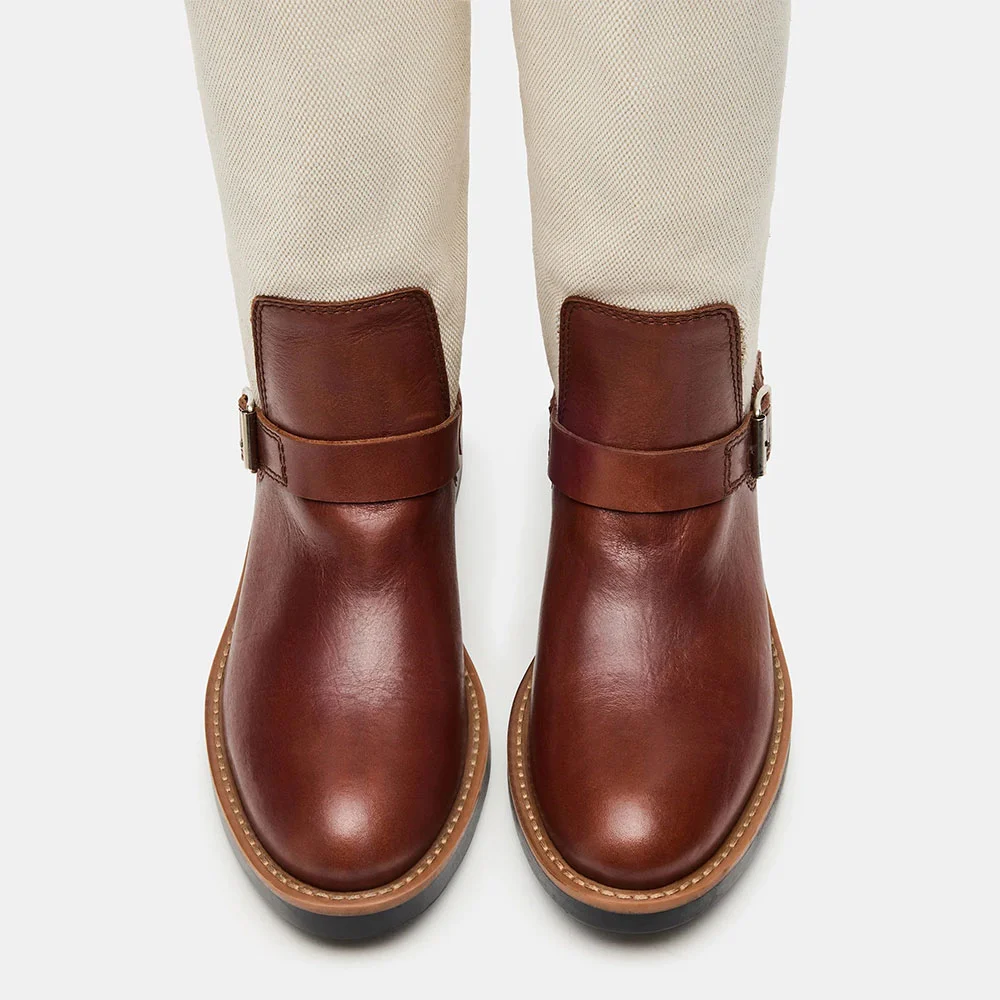 Ivory & Brown Round Toe Buckle Patchwork Wide Calf Knee High Boots