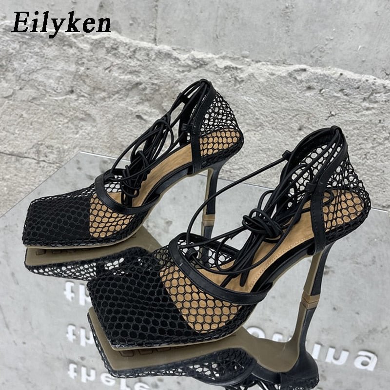 Eilyken Sexy Green Mesh Pumps Sandals Female Square Toe high heel Lace Up Cross-tied Stiletto hollow Dress shoes size 35-42