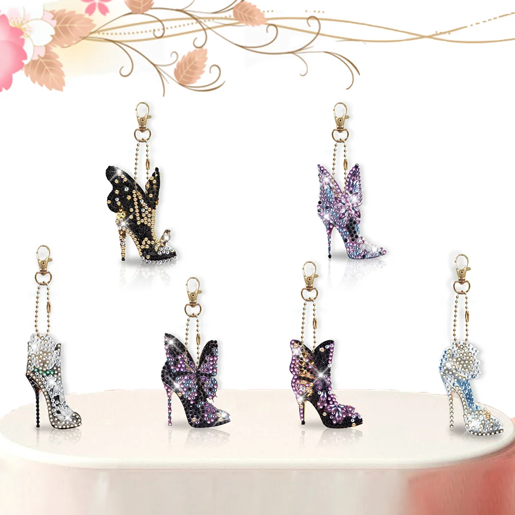 6pcs High Heels Diamond Art Keychains DIY Keychains Point Drill Key Ring(Double Side)