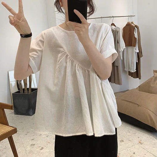 Shirts Women O-neck Short Sleeve Pockets Asymmetrical Loose Solid Simple All-match Korean Style Daily Ladies A-line Female Tops