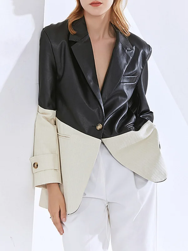 Women's casual color collision loose splicing PU leather blazer Flusfy