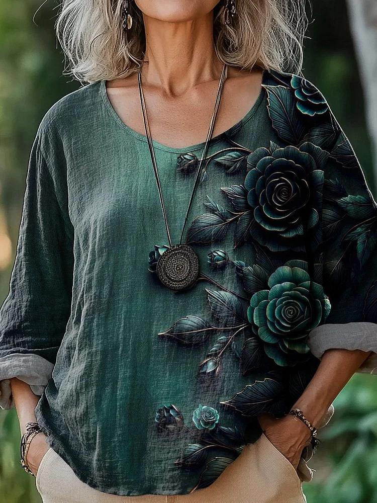 Dark Rose Art Printed Women's Casual Cotton And Linen Shirt