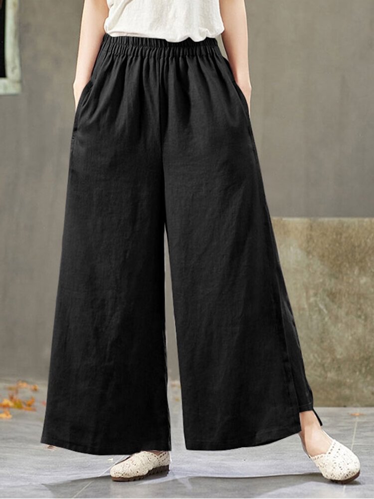 Solid Pocket Elastic Waist Wide Leg Casual Cotton Pants
