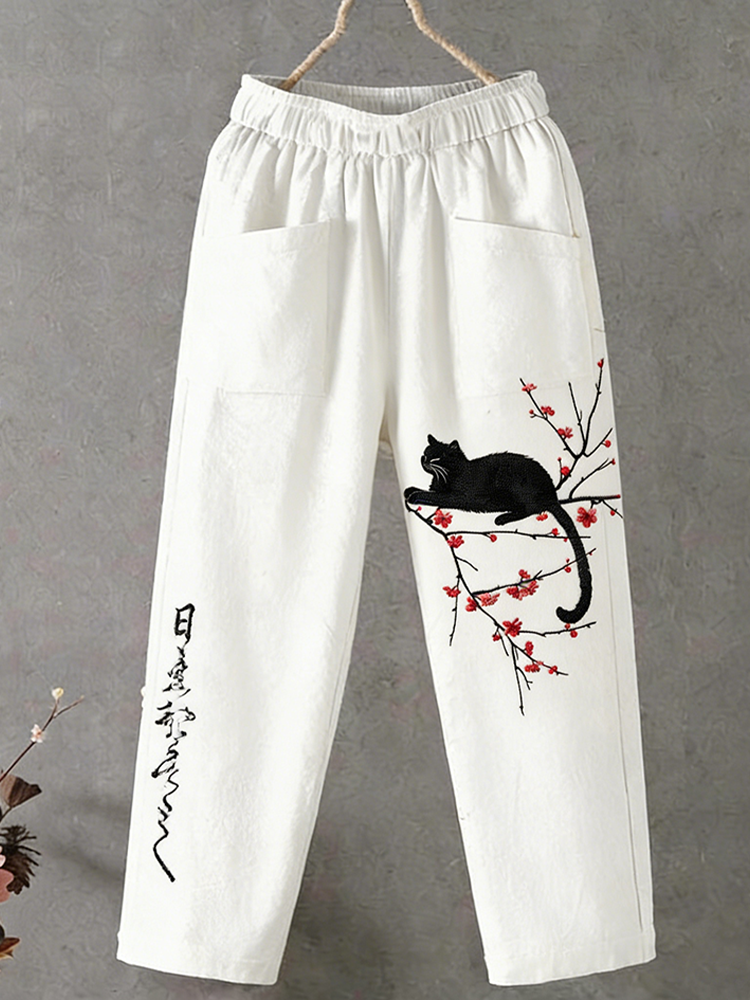 Comstylish Cat And Flower Pattern Design Casual Linen Long Pants