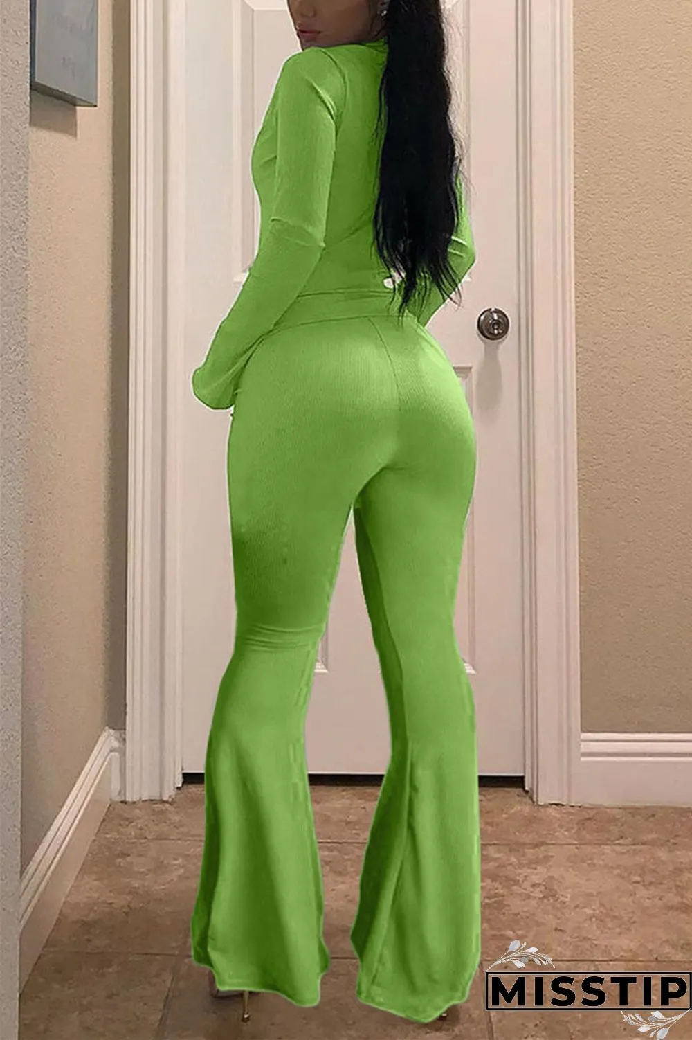 Orange Elastic Fly Long Sleeve Mid Solid Loose Pants Bottoms