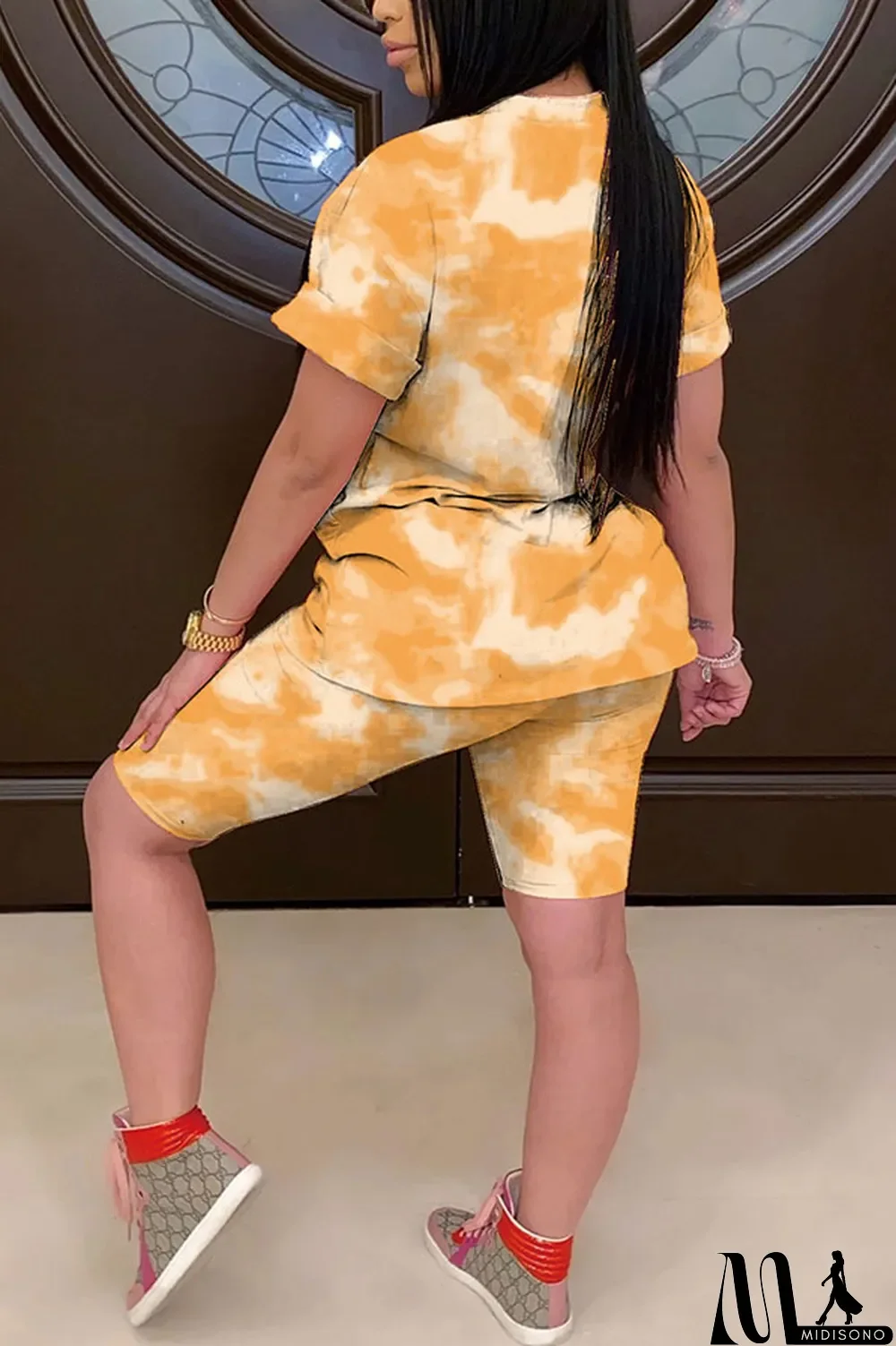 MidiSono - Light yellow Polyester Fashion Casual Print Gradient Two Piece Suits pencil Short Sleeve Two Pieces