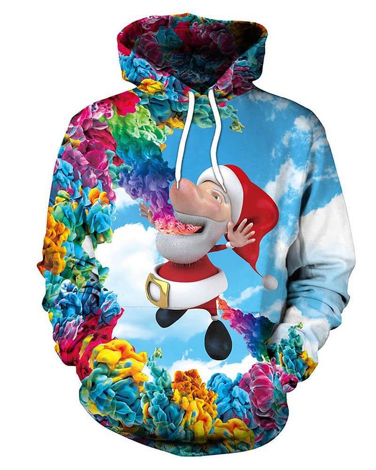 Mayoulove Puffed Santa Claus Rainbow Smoke In The Sky Unisex Pullover Hoodie-Mayoulove