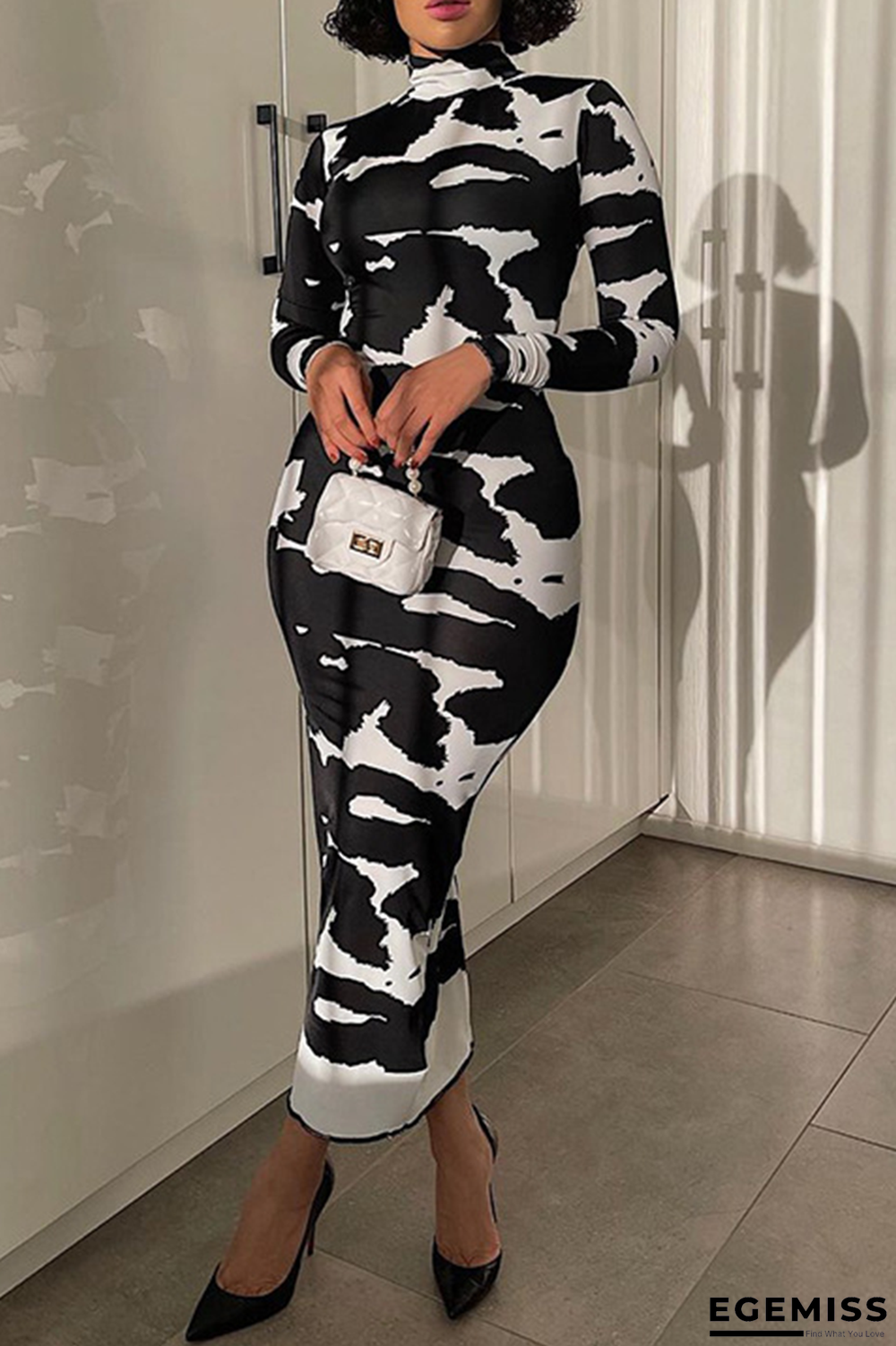 Black Sexy Print Patchwork Half A Turtleneck Pencil Skirt Dresses | EGEMISS