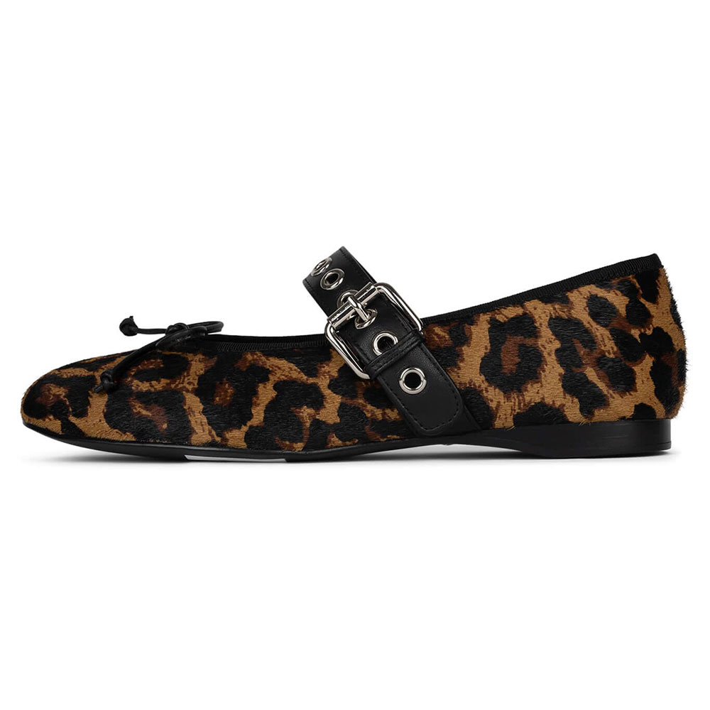Leopard Print Square Toe Bow Studded Buckle Strap Ballet Flats Nicepairs
