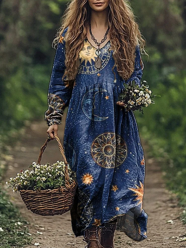 Women's Sun Moon Printed Pocket Cotton V Neck Long Sleeve Dress