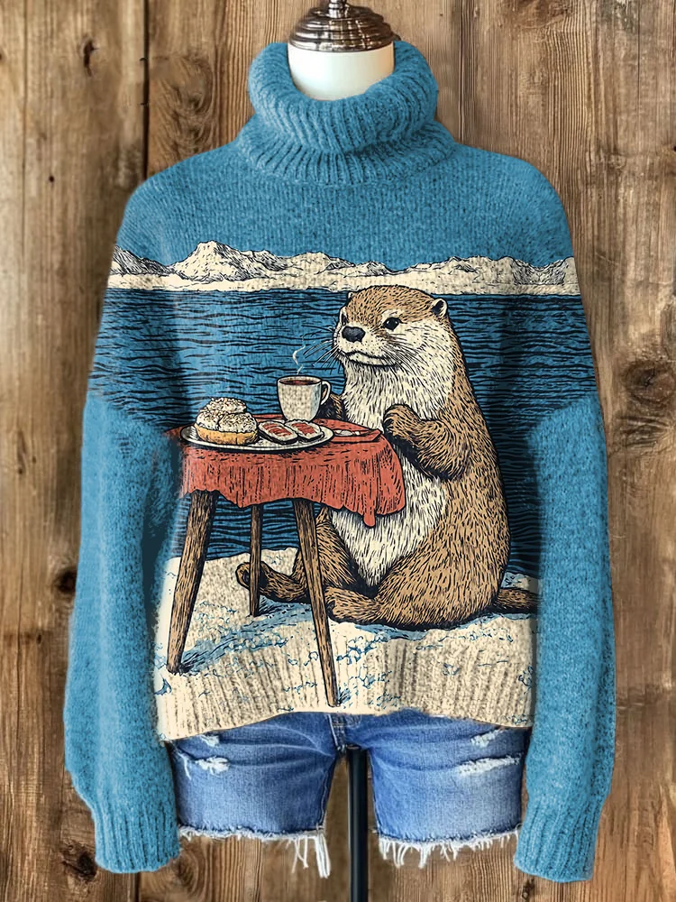 Women's Otter Seaside Cafe Woodcut Art Print High Neck Knit Sweatshirt