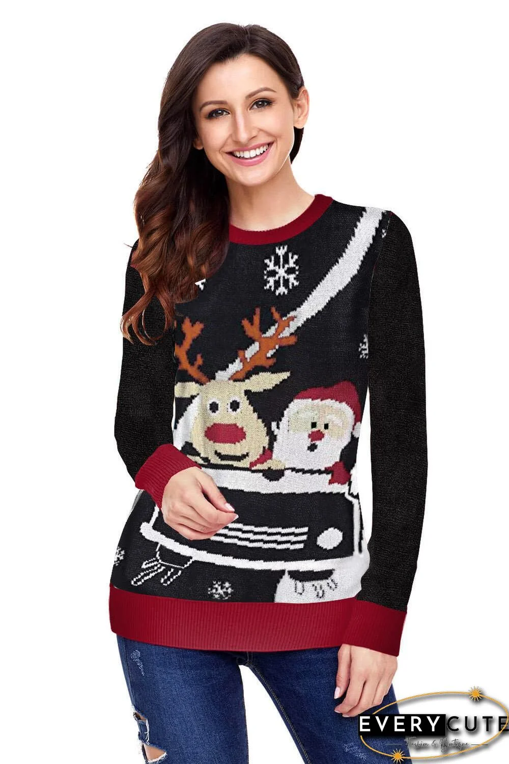 Black Reindeer Santa Clause Cartoon Print Ugly Christmas Sweater